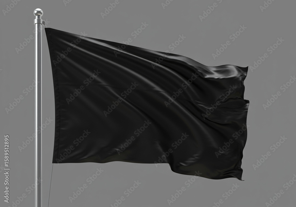 black flag waving in the wind on flagpole, isolated on gray background, closeup black flag waving in the wind on flagpole, isolated on gray background, closeup