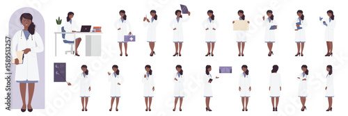 Cartoon young woman working at hospital desk, standing with first aid box, posing in front, side and back view, showing xray presentation. African american black doctor poses set vector illustration