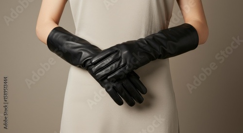 Elegant Black Leather Long Gloves on Woman's Hands