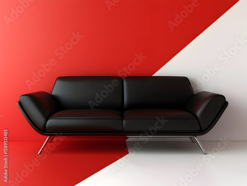 3D render of a modern black leather sofa on a red and white background3D render of a modern black leather sofa on a red and white background