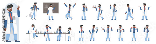African american black male scientist poses in side, front and back view set vector illustration. Cartoon man chemist with beard, lab coat and glasses working with microscope, laboratory equipment