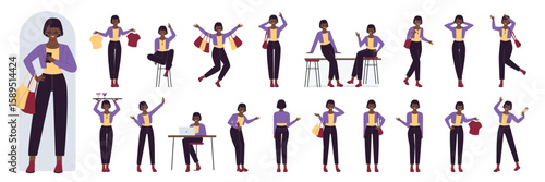 African american black young girl lifestyle and poses set vector illustration. Cartoon brunette short haircut sitting bar chair, holding cocktails and clothes hanger, shopaholic lady shopping