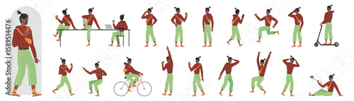 African american black young man poses in front, side and back view set vector illustration. Cartoon guy with beard and sunglasses riding electric scooter and bicycle, doing selfie, talking on phone