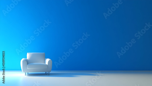 Photo of a minimalist room with a blue wall and white furniture