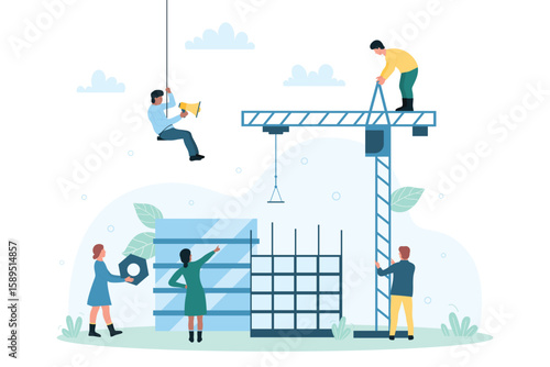 Process of building modern skyscraper at construction site vector illustration. Cartoon tiny workers, architects and engineers build wall house, work on unfinished facade. Architecture concept