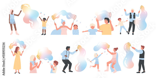 Soap bubble show set vector illustration. Cartoon isolated kids and adults play and blow giant balloons, adorable little girls and boys blowing big bubbles, spheres and air balls on foam party
