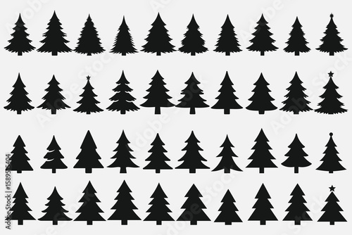 Set of Christmas trees. Various Christmas tree silhouettes—vector silhouette graphic tree element.
