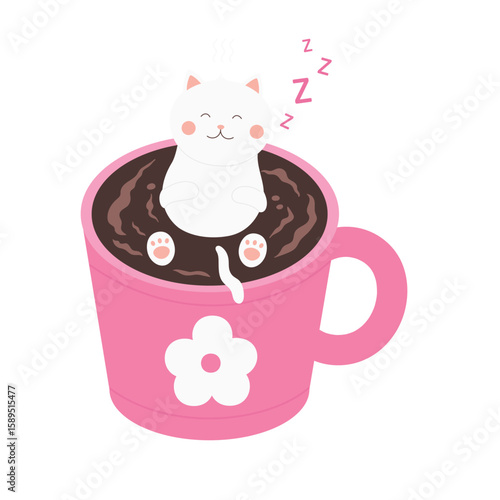 Cute cats swim and relax in coffee or tea cup vector isolated in white background