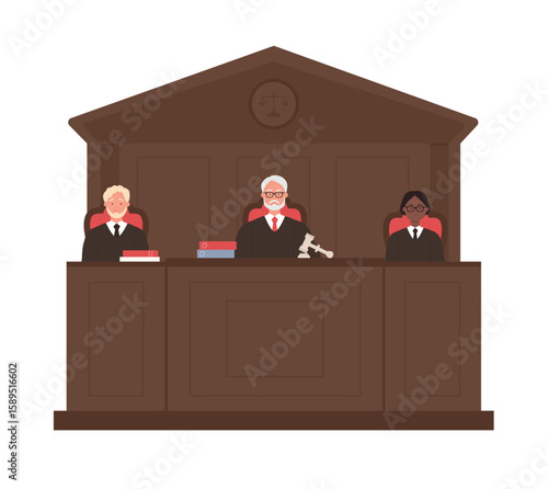 Court room with panel of judges vector illustration. Cartoon people sitting at desk on legal proceeding, man and woman hearing resolution in courthouse background. Justice, judgement, law concept