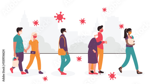 Crowd of people in medical masks on faces walk at distance on abstract city street. Cartoon diversity group of characters protecting health from respiratory viruses attack flat vector illustration