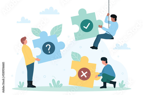 Teamwork, partnership and business solution vector illustration. Cartoon tiny people holding pieces of puzzle jigsaw with tick, question and cross, partners solve problems, find creative decision