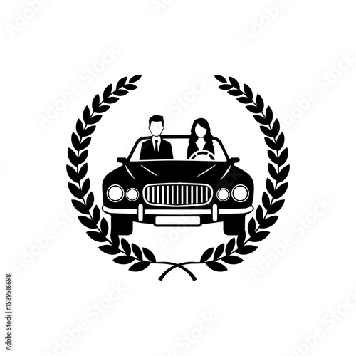Elegant Couple in Classic Car Framed by Laurel Wreath Symbol.