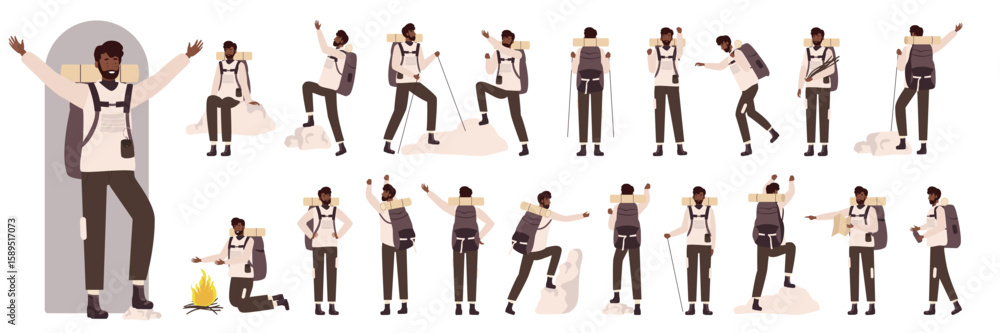 Fototapeta premium Cartoon man holding map, backpack and hike sticks trekking, climbing on nature rocks, hiker pointing. African american black male tourist character in side, front and back view set vector illustration