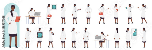 African american black female doctor poses set vector illustration. Cartoon posing actions of woman medical worker working in hospital, pointing to xray of patients skull, holding first aid box