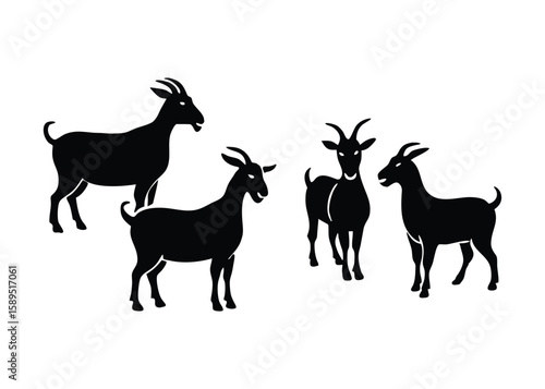 Various goat silhouettes set isolated flat vector illustration on white background.