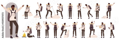Cartoon man holding map, backpack and hike sticks trekking, climbing on nature rocks, hiker pointing. African american black male tourist character in side, front and back view set vector illustration