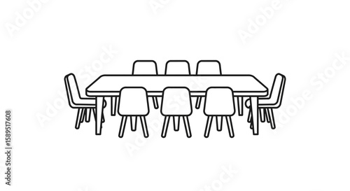 A line drawing of a rectangular table with eight chairs around it, arranged for a meeting or dining.