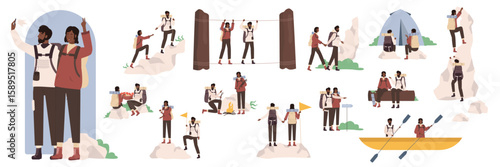 Cartoon man and woman campers hiking, climbing with flag, camp adventure of people. African american black couple of tourist characters showing different poses and gestures set vector illustration.