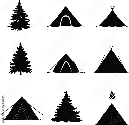 Set of hiking and mountaineering vector illustrations with mountain landscapes and hikers