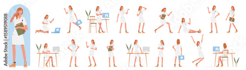 Doctor or nurse poses and gestures set vector illustration. Cartoon young woman holding lung xray, emergency box and stethoscope, sitting, standing and jumping isolated on white. Healthcare concept