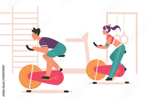 People doing exercises on static stationary bikes in gym of sport club vector illustration. Cartoon male and female characters cycling, training on equipment background. Healthy activity concept