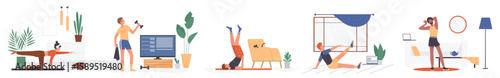 Fitness and physical exercises of people at home set vector illustration. Cartoon sporty man and woman training with dumbbells indoors, person doing yoga isolated on white. Wellness, sport concept