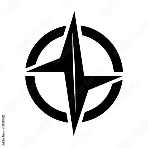Modern abstract black compass rose symbol within a broken circle on white background