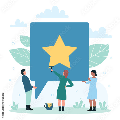 Best evaluation of product quality. Cartoon tiny people add winning music, literature to favourites, woman drawing rating star flat vector illustration. Satisfaction, loyalty, service concept