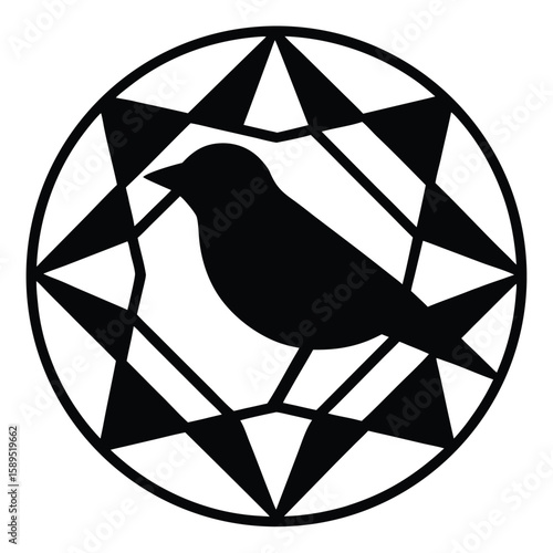 Black bird silhouette within geometric circular pattern circle