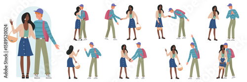 Couple characters greeting together in different poses set vector illustration. Cartoon young man and woman hug and kiss with love, happy two people use welcome and cheer gestures isolated on white