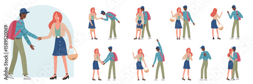 Greeting gestures of couple characters set vector illustration. Cartoon young happy man and woman meeting, standing and waving, raising hand, saying hello with embraces and kisses isolated on white