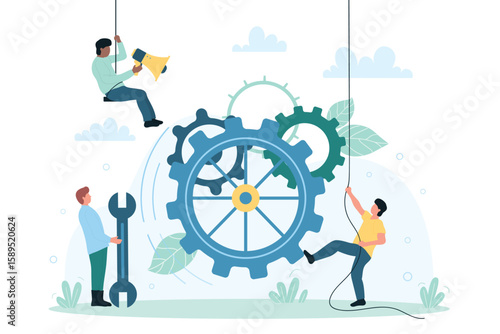 Maintenance and repair service with tiny technicians vector illustration. Cartoon handyman holding wrench, teamwork of professional characters to upgrade, fix devices or mechanism with work tools