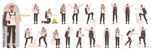 Male tourist character in side, front and back view set vector illustration. Cartoon man holding map, backpack and hike sticks trekking, climbing on nature rocks, hiker pointing isolated on white