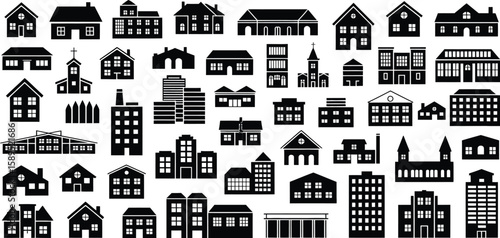 A large collection of black building icons. The set features diverse architectural silhouettes including houses, schools, skyscrapers, and churches for real estate or cityscape designs.
