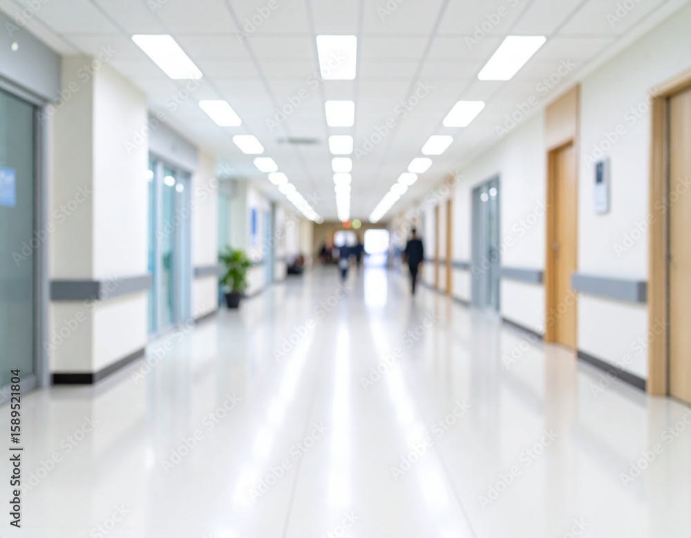 Obraz premium Blur abstract background of corridor in clean hospital. Blurred view of aisle in office with light floor. Blurry lobby and waiting area in hotel. Defocused empty area for event hall in shopping mall.