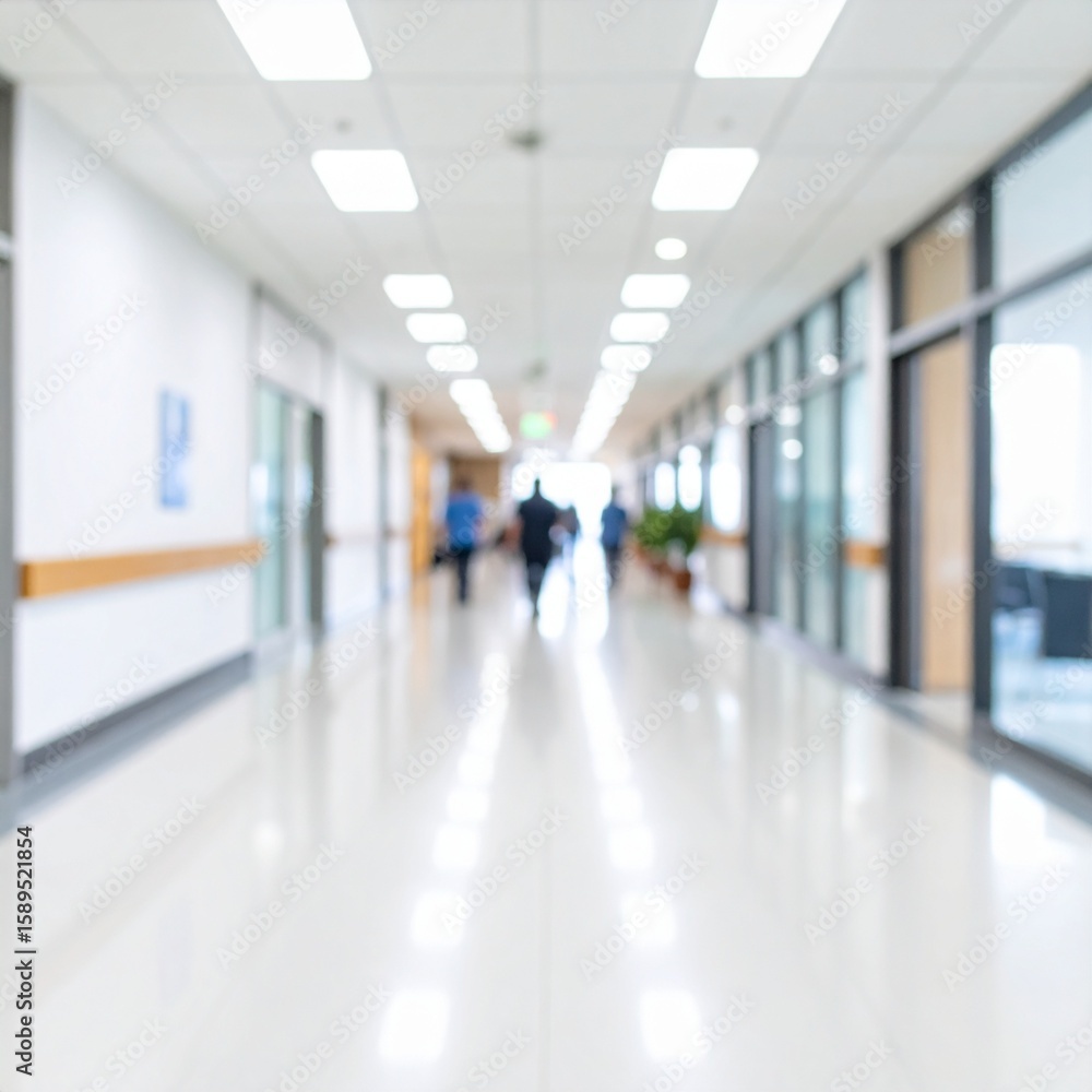 Obraz premium Blur abstract background of corridor in clean hospital. Blurred view of aisle in office with light floor. Blurry lobby and waiting area in hotel. Defocused empty area for event hall in shopping mall.