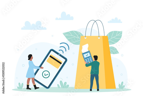 Contactless cashless payment with PayPass, NFC technology vector illustration. Cartoon tiny customers buy, pay online for purchases, holding POS terminal and mobile phone with credit card on screen