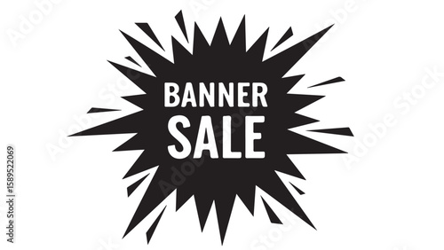 Banner Sale burst illustration, white text on black starburst background, sharp edges, perfect for promotions.