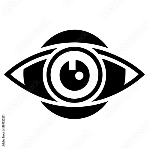 Stylized black and white graphic icon representing an eye with a pupil and iris