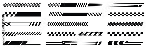 Race car stripes and racing graphics set with checkered flag patterns, angled dynamic lines, finish line symbols, motocross labels, motorsport decals, and vehicle tuning stickers for speed enthusiasts