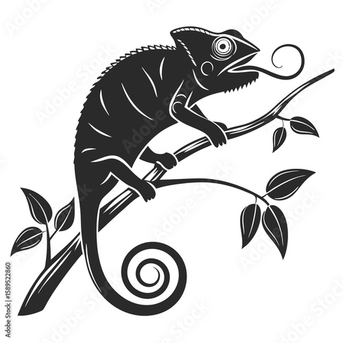 A chameleon on a branch with its tongue out illustration
