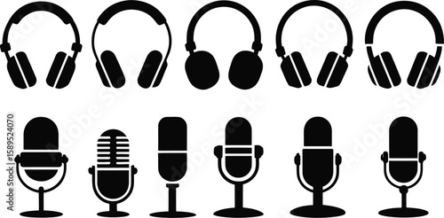 A collection of black audio equipment icons. The set includes various styles of headphones and microphones for podcasting, broadcasting, and music.
