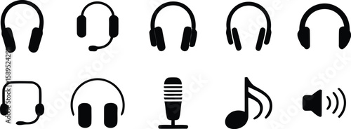 Audio and music icon set. A collection of simple black symbols including various headphones, headsets with microphone, speaker, and a musical note. Isolated vector elements.
