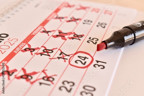 Countdown calendar with red crosses and circled date. Planning for an important moment. The calendar includes Spanish labels.