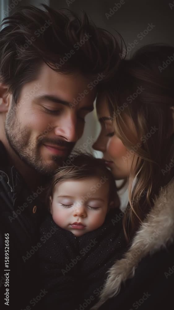 Family portrait featuring a loving couple embracing their sleeping baby, showcasing warmth and connection in a cozy indoor setting with soft lighting and intimate atmosphere Family portrait featuring a loving couple embracing their sleeping baby, showcasing warmth and connection in a cozy indoor setting with soft lighting and intimate atmosphere