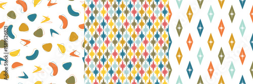 Collection of 3 colorful retro seamless vector textures
