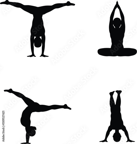 A collection of human silhouettes in various advanced yoga and gymnastic positions. A person performing handstand variations and a seated meditation pose, illustrating strength and balance.
