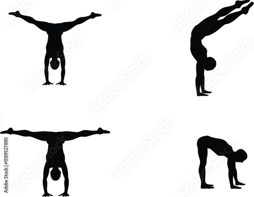Set of four human silhouettes performing gymnastics and yoga poses. A person doing handstand variations and a standing forward bend for fitness, strength, and flexibility.
