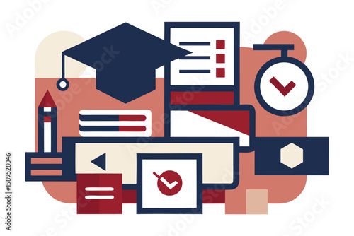 Abstract composition illustrating education, achievement, and timely completion in geometric forms.