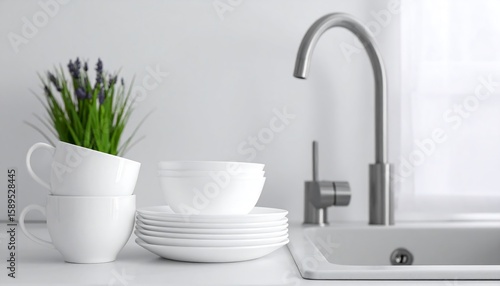 Clean white dishes near kitchen sink.